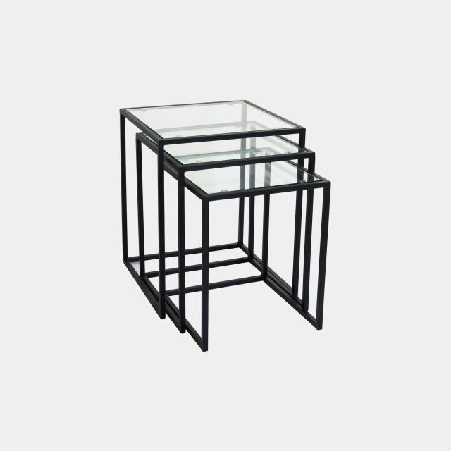 Nest of 3 End Tables With Black Steel Frame & Clear Glass Top - Padua