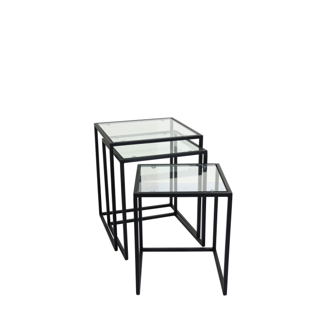 Nest of 3 End Tables With Black Steel Frame & Clear Glass Top - Padua