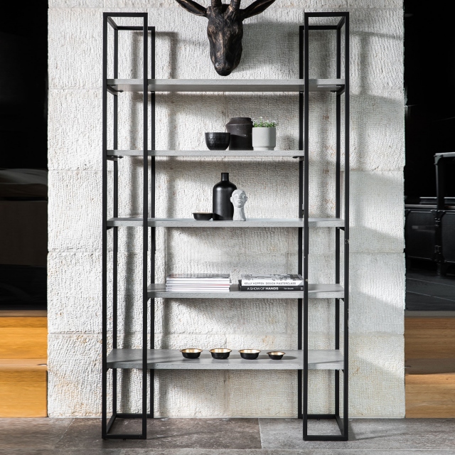 Bookcase With Concrete Effect Tops & Black Metal Base - Seattle