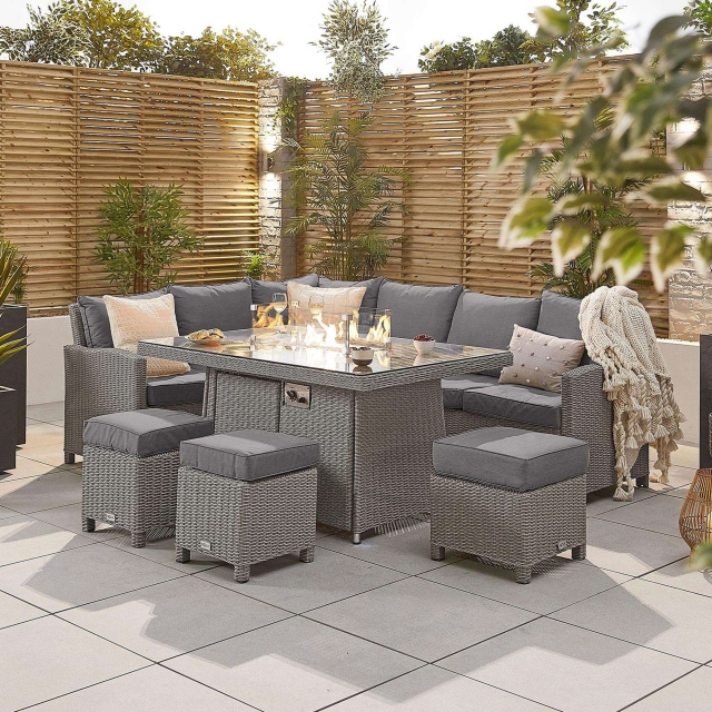 Bahama Left Hand Corner Dining Set With Firepit In White Wash Rattan Sets Fishpools - Corner Garden Furniture With Fire Pit