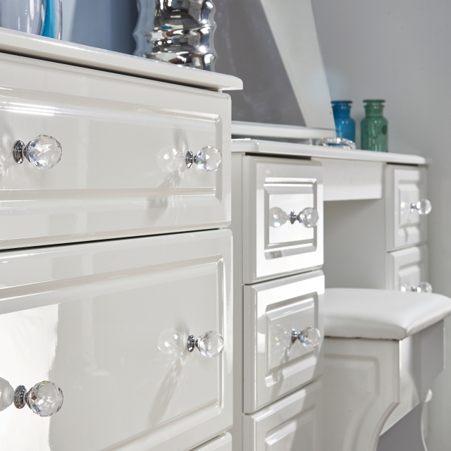 Kneehole Desk White High Gloss With Crystal Handles - Lincoln