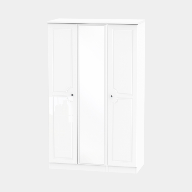 3 Door Mirrored Wardrobe White High Gloss With Crystal Handles - Lincoln