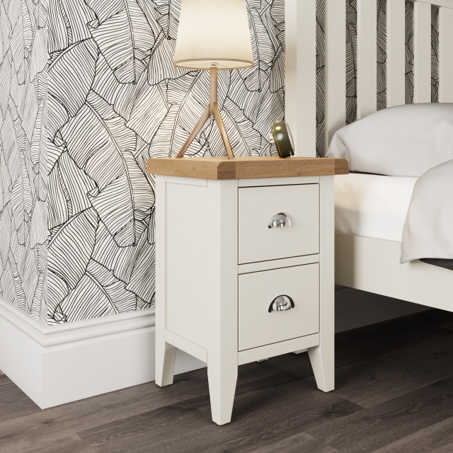 Small 2 Drawer Bedside White Finish With Oak Top - Hampshire