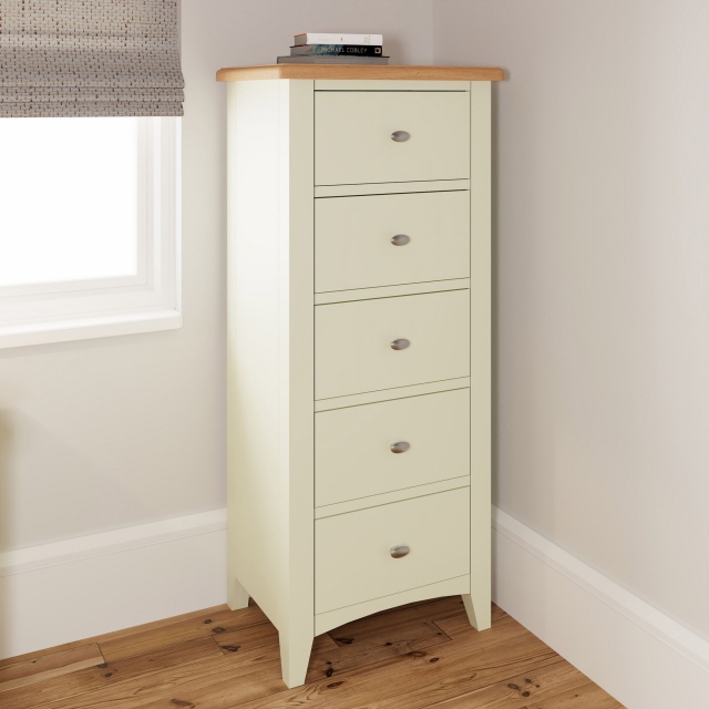 5 Drawer Narrow Chest White Finish With Oak Top - Burham
