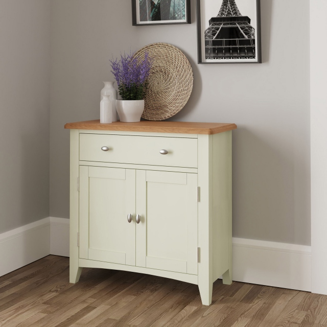 Small 2 Door 1 Drawer Sideboard White Finish With Oak Top - Burham