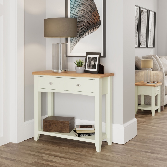 Console Table White Finish With Oak Top - Burham