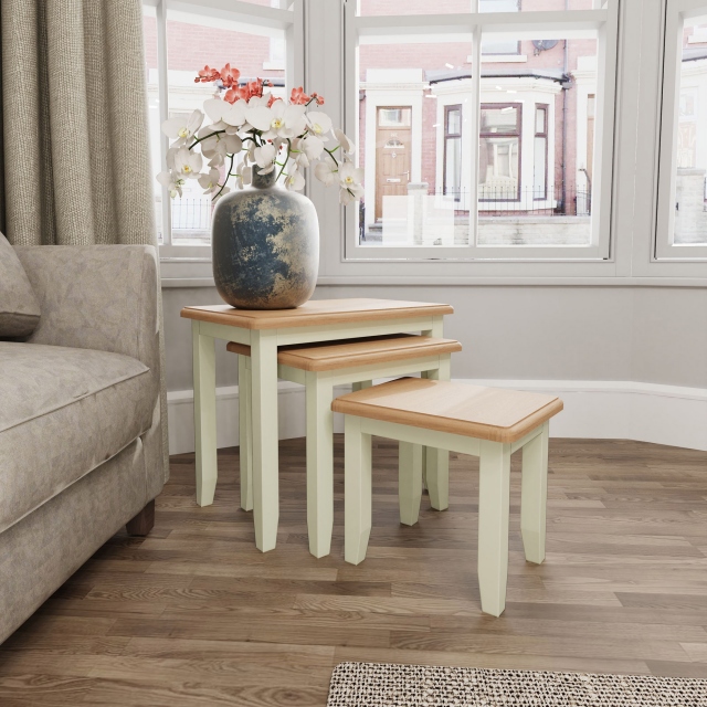Nest Of 3 Tables White Finish With Oak Top - Burham