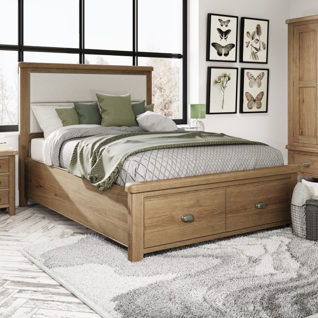 Bed Frame With Fabric Headboard & Footboard Drawer In Oak Finish - Farringdon