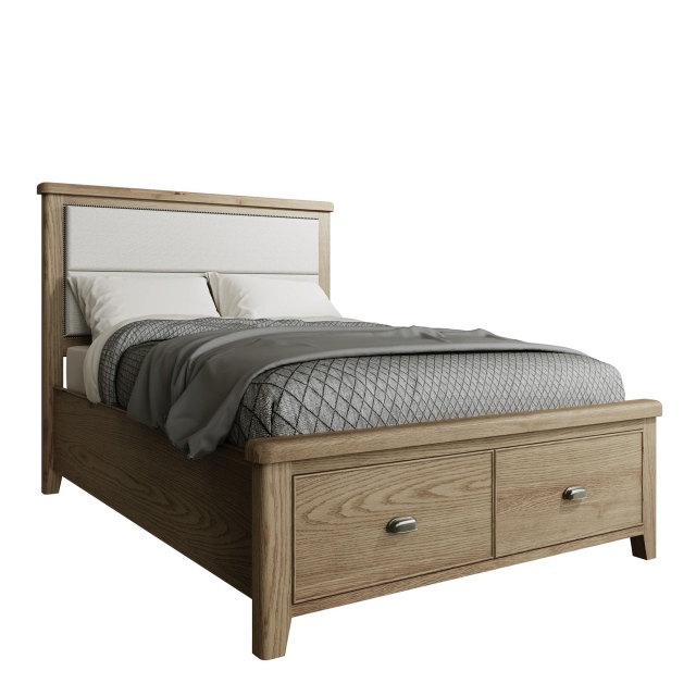Bed Frame With Fabric Headboard & Footboard Drawer In Blue Finish With Oak Top - Farringdon