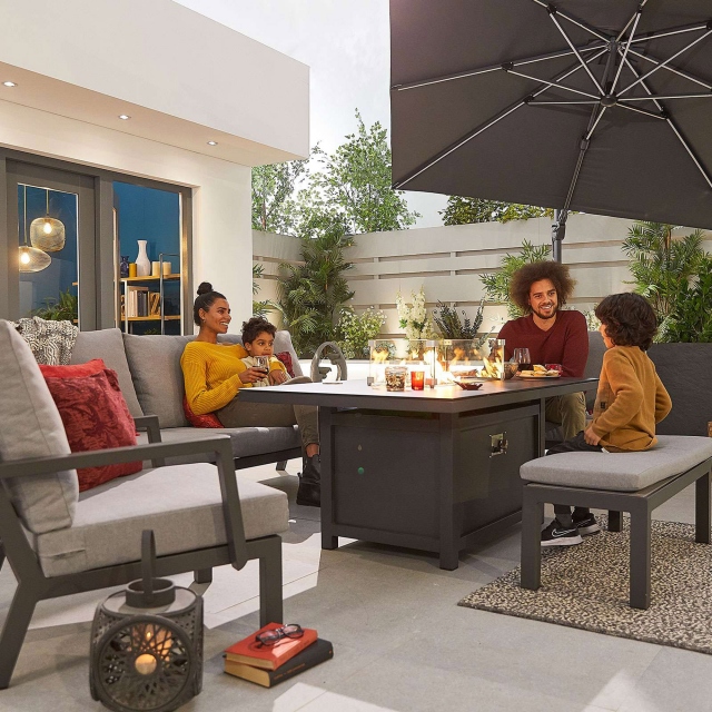 3 Seat Dining Set With Firepit Table, Armchairs And Bench Footstool In Grey Aluminium - Jamaica