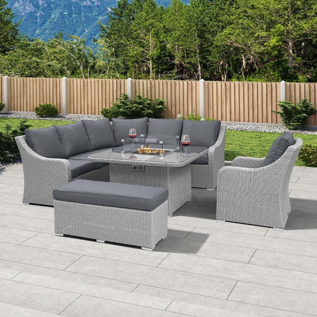 Deluxe Corner Dining Set With Firepit In White Wash Rattan With Grey Cushions - Cayman