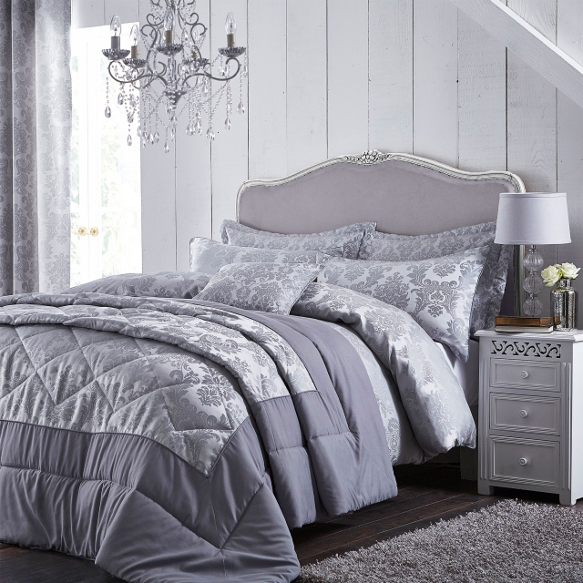 Damask Jaquard Silver Bedding Collection - Catherine Lansfield