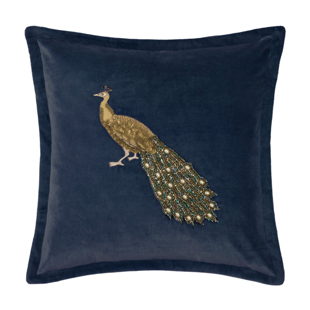 Large Blue Embelished Cushion - Peacock