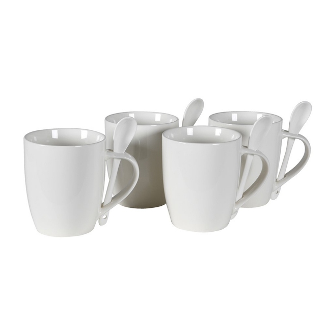 Set of 4 Mugs with Spoons - Pure White