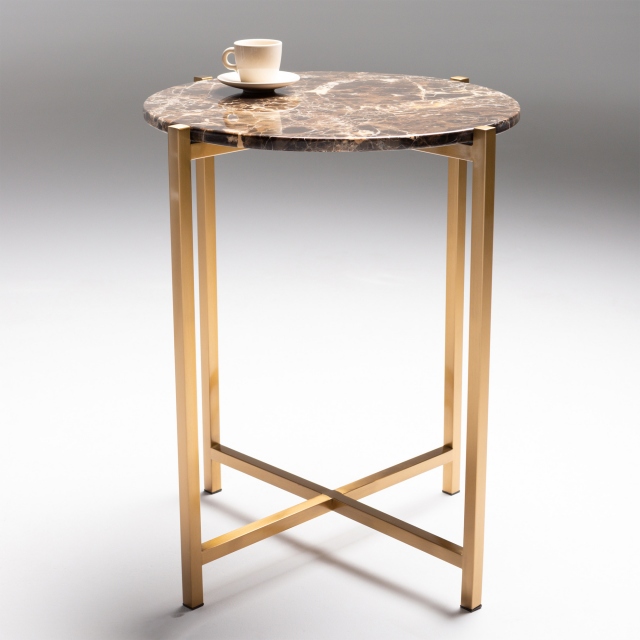 Circular Side Table In Dark Emporador With Brushed Brass Base - Venice