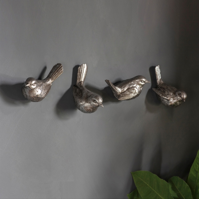 Set of 4 Silver Wall Hooks - Birdie