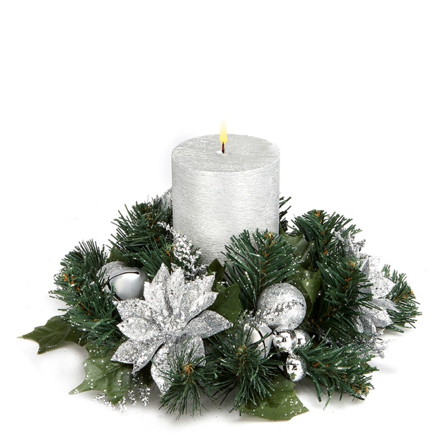 Silver - Glitter Poinsettia Candle Table Wreath
