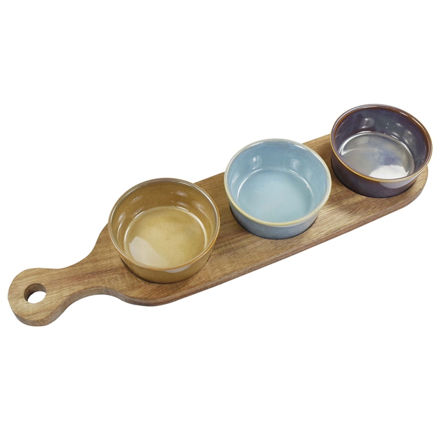 Set of 3 Snack Dishes & Paddle Wood Tray - Artisan