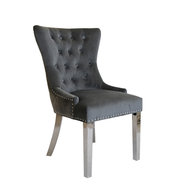 Quilted Back Dining Chair In Velvet Grey - Corinthia