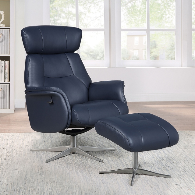 Swivel Recliner Chair & Footstool In Leather With Chrome Base - Senator