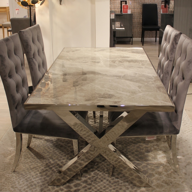 165cm Dining Table & 4 Velvet chairs - Grey Ceramic Effect - Item as Pictured - Mirage