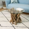 Round Coffee Table In Tempered Glass & Natural Teak Tree Root - Twiggy